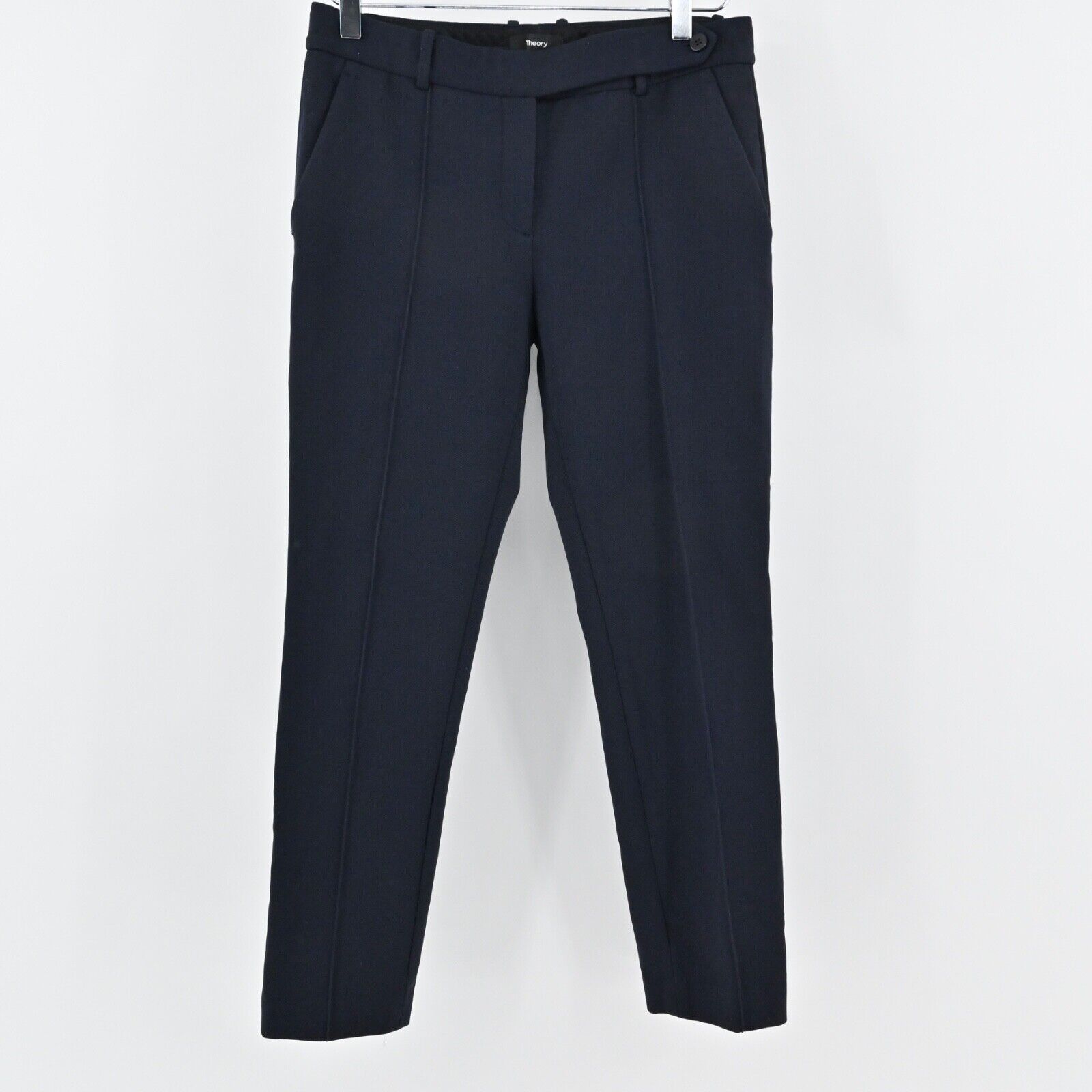 Theory Pants Womens Size 6 Navy Blue Cotton Mid Rise Taper Pintuck Summer Pique
